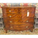 BOWFRONT CHEST, Regency flame mahogany having two short above three long graduated drawers,