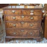 CHEST, early 18th Century English Queen Anne figured walnut with two short and three long drawers,