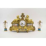 A 19th CENTURY ORMOLU & SEVRES STYLE PORCELAIN CLOCK, 44cm W x 32cm H, and two lustres Garnature,