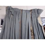 CURTAINS, four, in blue silk with Fleur De Lys, lined and interlined with swags and tails,