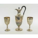 ANTIQUE SILVER LONDON 1895, a wine ewer and two goblets complete in original oak fitted case.