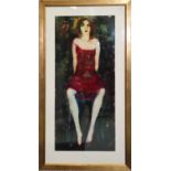 INGE CLAYTON 'Girl in Red Dress on a Stool', reverse glass painting, signed and dated '88,