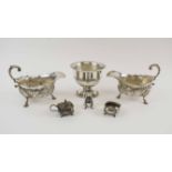 A PAIR OF ANTIQUE SILVER SAUCE BOATS, a silver bowl 1909, and a condiment set, Birmingham 1902.