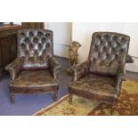 BERGERES, a pair, late 19th century French beechwood, in original distressed buttoned brown leather,