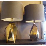 TABLE LAMPS, a pair, mid 20th century brass of angled geometric form with shades.