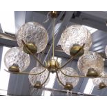 CHANDELIERS, a pair, 1970's Italian retro style, brass with crackle glass shades, 65cm W.