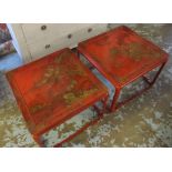 CHINESE LOW TABLES, a pair, Chinoiserie decorated, scarlet lacquered and wooden,