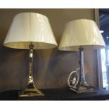 VAUGHAN ARTS AND CRAFTS COLUMN LAMPS, a pair, with linen lamp shades, 60cm H.