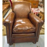 CLUB ARMCHAIRS, a pair, vintage in hand finished and brass studded leaf brown leather, 74cm W.