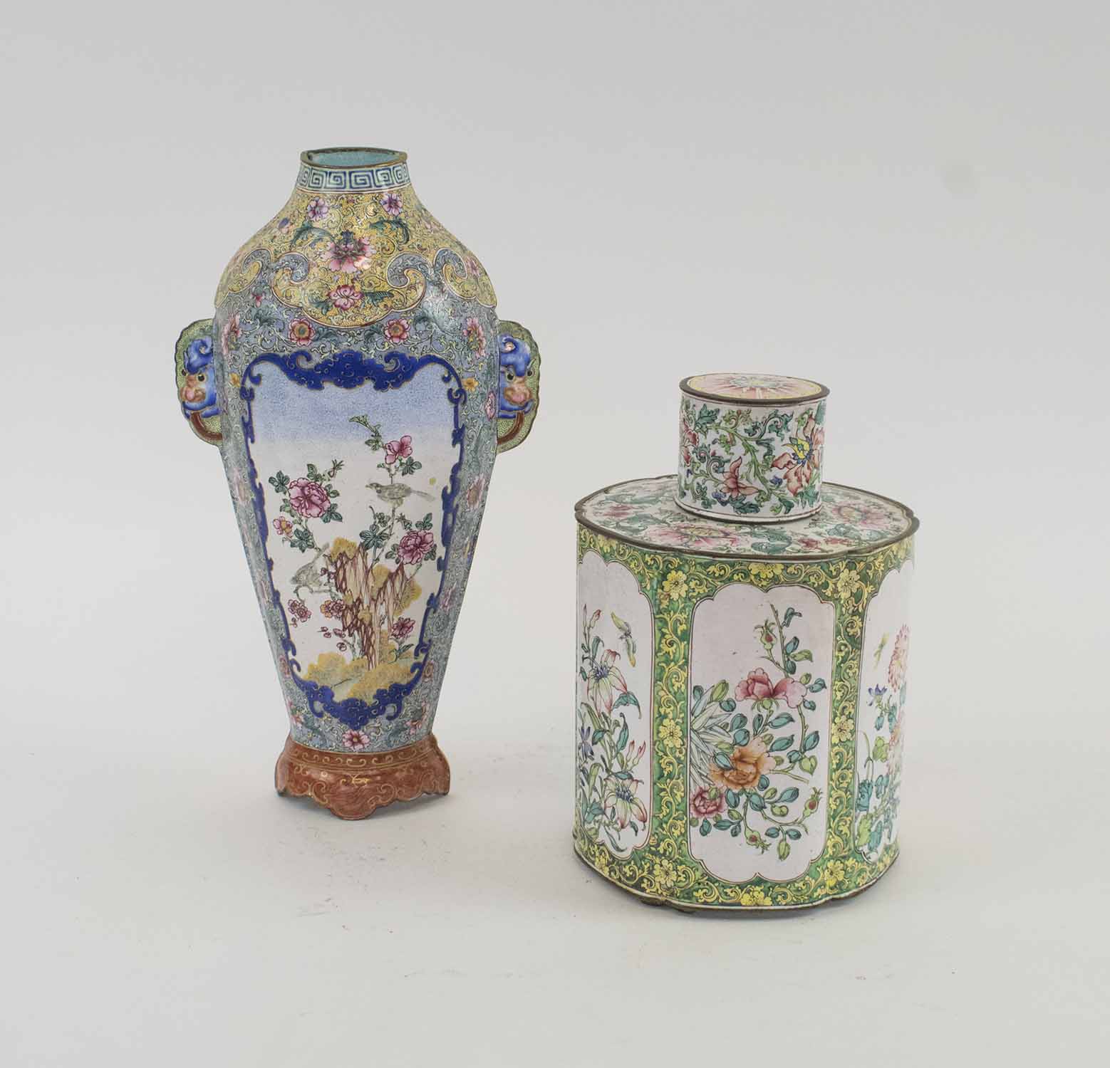 CANTON ENAMEL QIANLONG, a fine famille rose wall vase, 24cm H and a tea cannister, 18cm J.