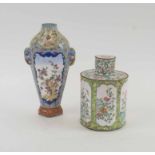 CANTON ENAMEL QIANLONG, a fine famille rose wall vase, 24cm H and a tea cannister, 18cm J.