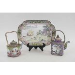 CANTON ENAMEL QIANLONG (1736-1795), small tray with European ships and a teapot (with faults).