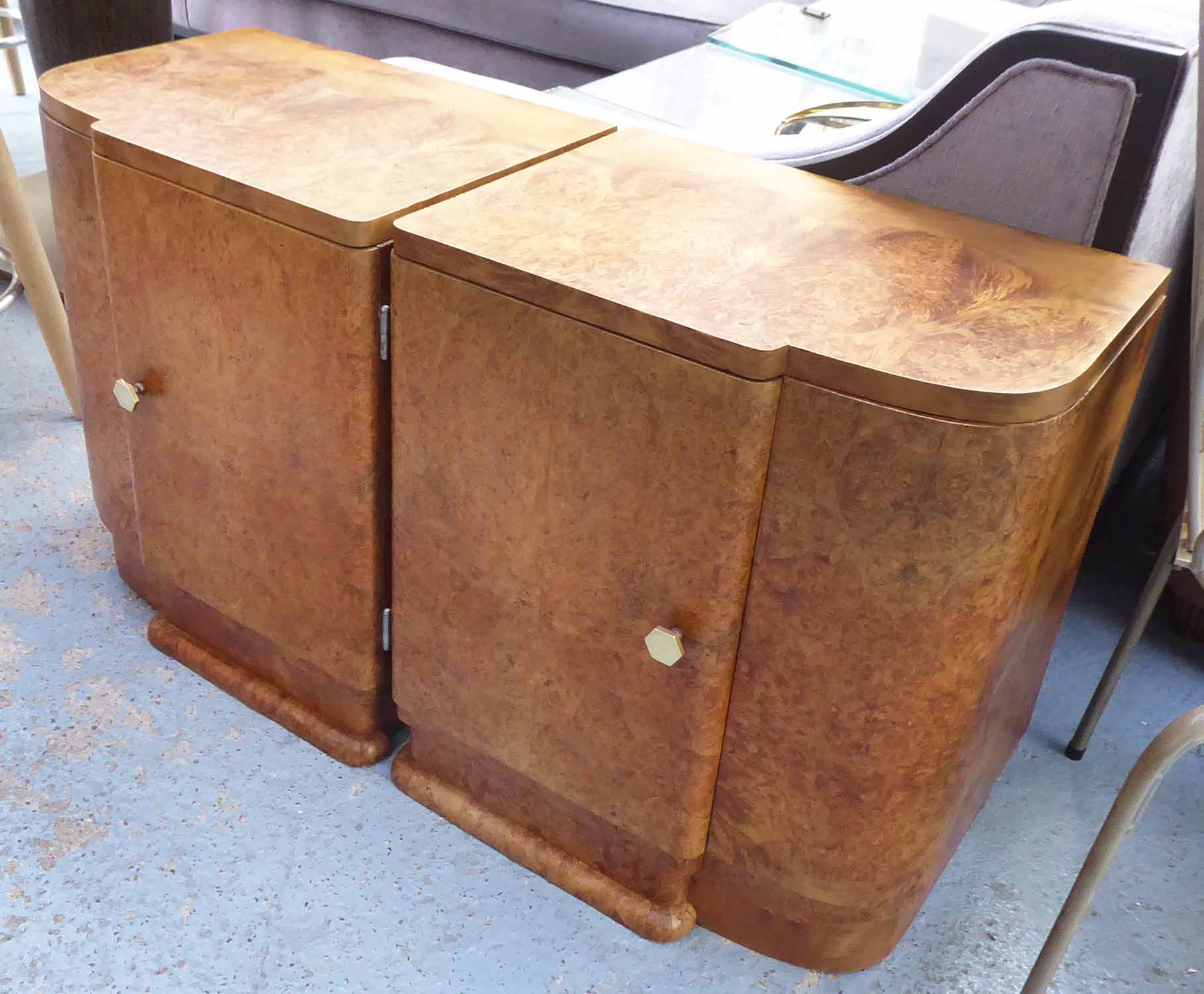 BEDSIDE CABINETS, a pair, French Art Deco with burr maple veneer, 53cm x 38cm x 61cm H.