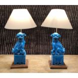 TABLE LAMPS, a pair, vintage Chinese, turquoise ceramic Dogs of Foo.
