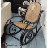 THONET ROCKER, caned ebonised finish, 50cm W.