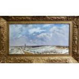 19th CENTURY FRENCH SCHOOL 'Snowclad Landscape with Village Seen from afar', oil on canvas,