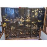 CHINESE SCREEN, six fold, black lacquer with applied decorative detail, each panel 41cm x 184cm H.