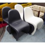 VERNER PANTON CHAIRS, a set of six, three white, three black, by Vitra, 50cm W.