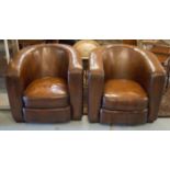 TUB ARMCHAIRS, a pair, leaf brown leather with curved backs and arms.