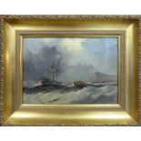 19th CENTURY ENGLISH SCHOOL 'Shipping in a Coastal Squall', oil on tin, 22cm x 30cm, framed.