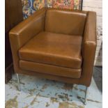 ARMCHAIRS, a pair, mid brown 70's, chrome framed easy armchairs, 77cm W.