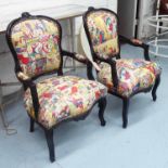 SUPERHERO FAUTEUILS, a pair, French provincial style ebonised frames with comic print upholstery,