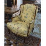 BERGERES, a pair, 19th Century French walnut with silk patterned upholstery,