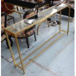 CONSOLE TABLE, mid 20th century style the mirrored top on a gilt metal base, 26cm x 81cm H x 152cm.