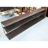 LONG LOW SHELVES, contemporary style, metal and wood, 37cm D x 63cm H x 250cm L.