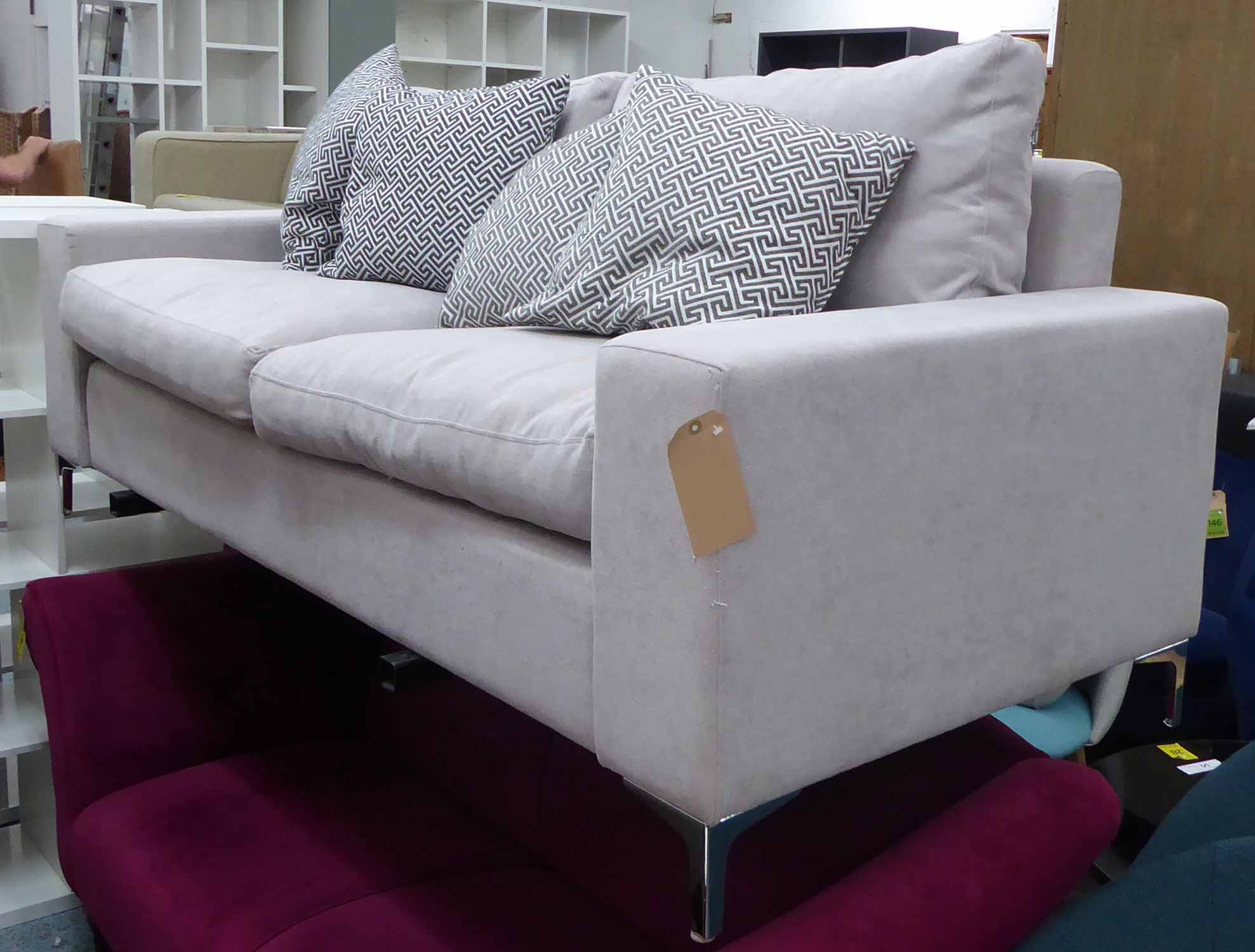 COR SOFA, grey finish with four contemporary scatter cushions, 200cm W.