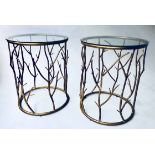 LAMP TABLES, a pair, circular drum form with gilt metal branch frame and glass top,