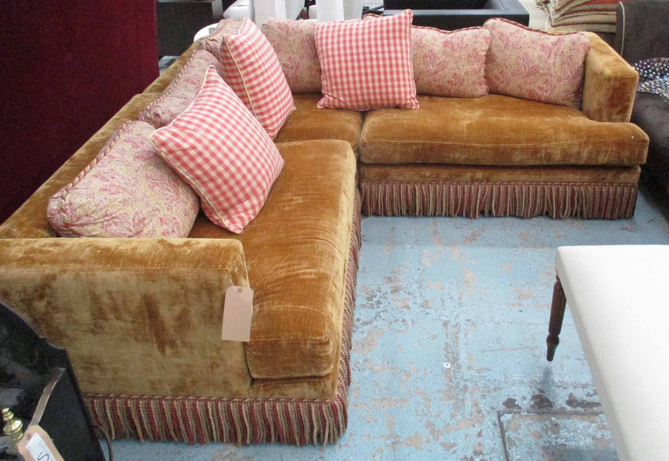 CORNER SOFA, mustard velvet with polychrome bullion fringe and nine patterned loose cushions, - Image 3 of 3