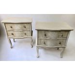 BEDSIDE CHESTS, a pair, French style traditionally grey painted and line decorated,