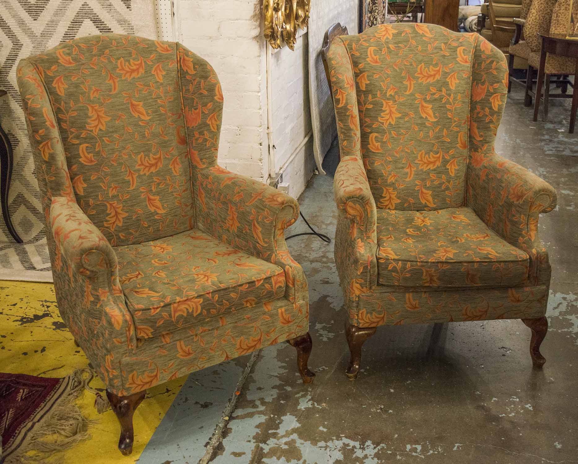 WING ARMCHAIRS, a pair, Georgian style in orange leaf patterned chenille, 75cm W.