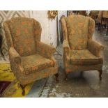 WING ARMCHAIRS, a pair, Georgian style in orange leaf patterned chenille, 75cm W.