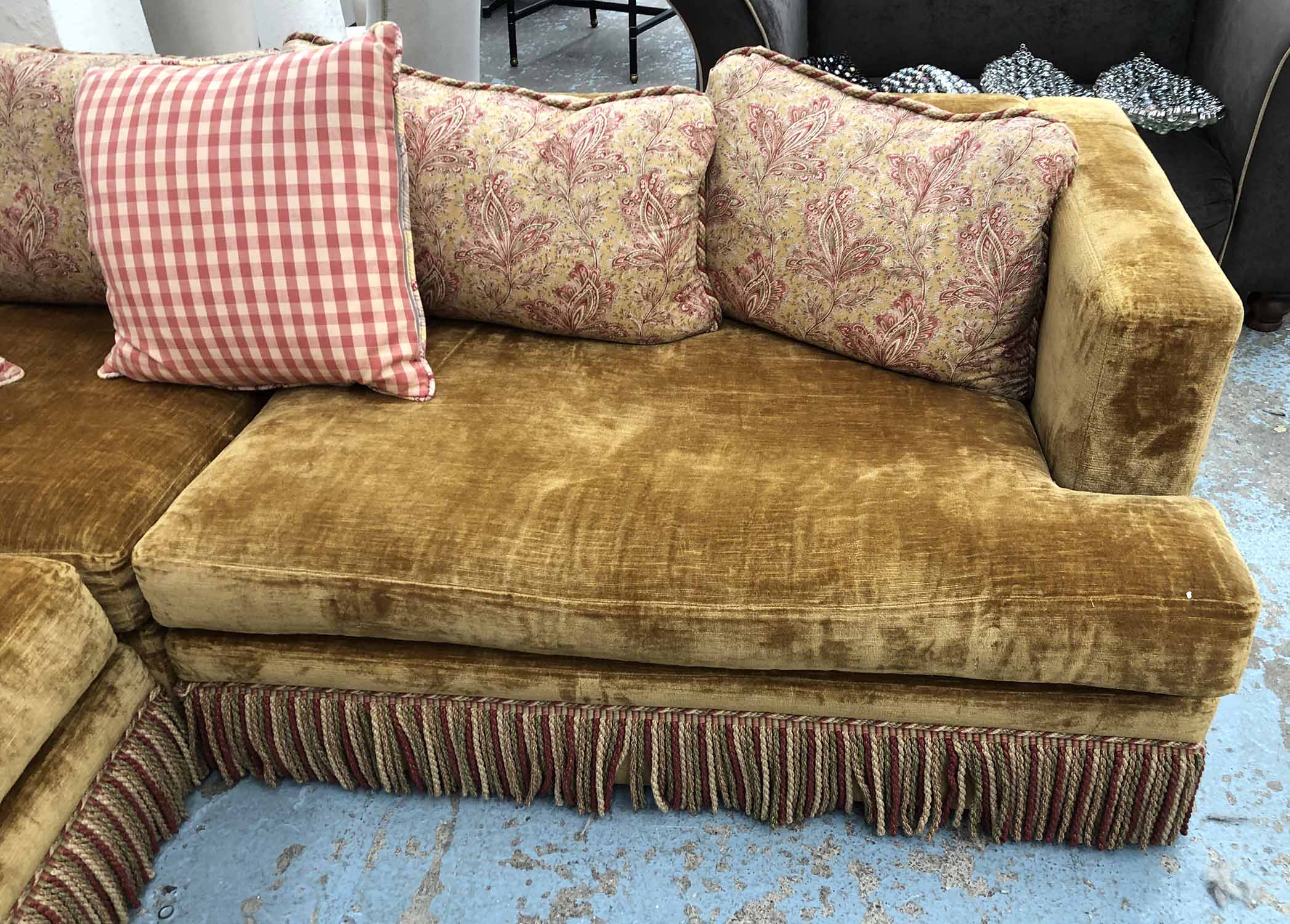 CORNER SOFA, mustard velvet with polychrome bullion fringe and nine patterned loose cushions, - Image 2 of 3