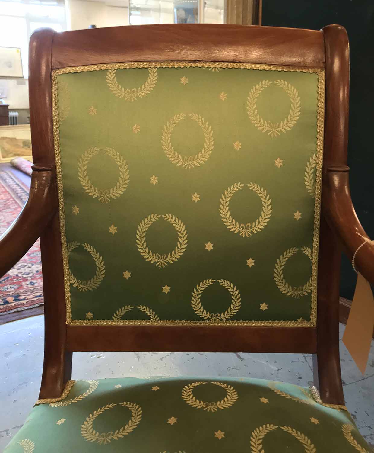 FAUTEUILS, a pair, early 19th century French Charles X mahogany with Empire green silk upholstery. - Image 2 of 2
