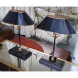 TABLE LAMPS, a pair, black shades, 44cm H.