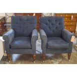 ARMCHAIRS, a pair, in blue fabric with seat and buttoned back cushions, 79cm W.