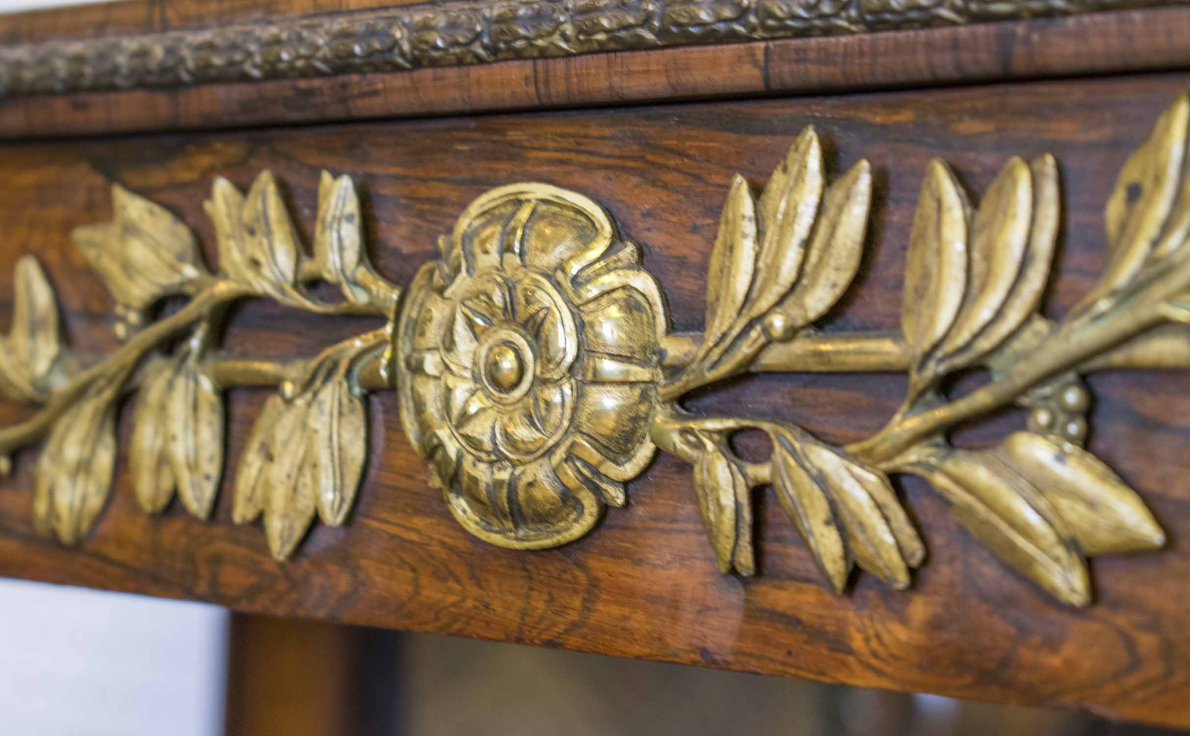 CONSOLE TABLE, Regency rosewood and brass mounted with mirrored back and front column supports, - Image 2 of 3