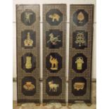 SCREEN PANELS, three Chinese black lacquered with mother of pearl,