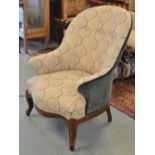 BERGERE, Napoleon III mahogany in new fawn patterned and blue velvet upholstery, 66cm W.