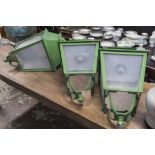 LANTERNS, a set of three, in green painted finish, 85cm H.