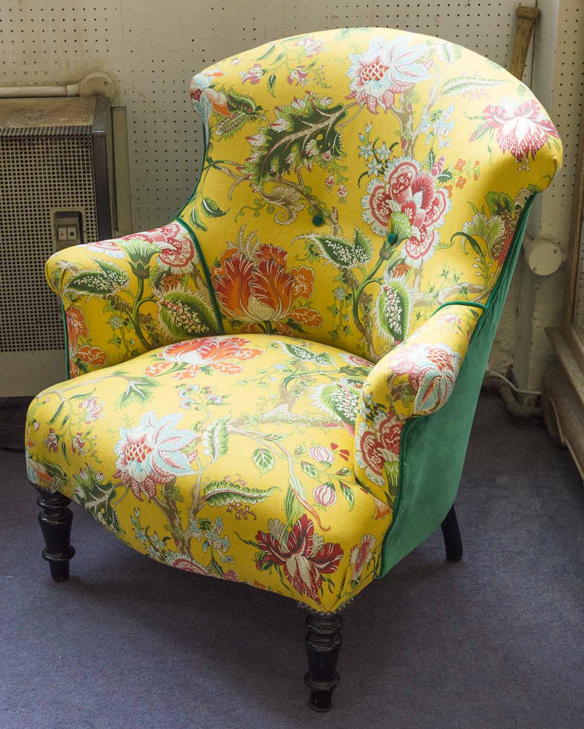 BERGERE, Napoleon III, ebonised in yellow floral patterned archive fabric and green velvet, 77cm W.