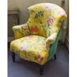 BERGERE, Napoleon III, ebonised in yellow floral patterned archive fabric and green velvet, 77cm W.