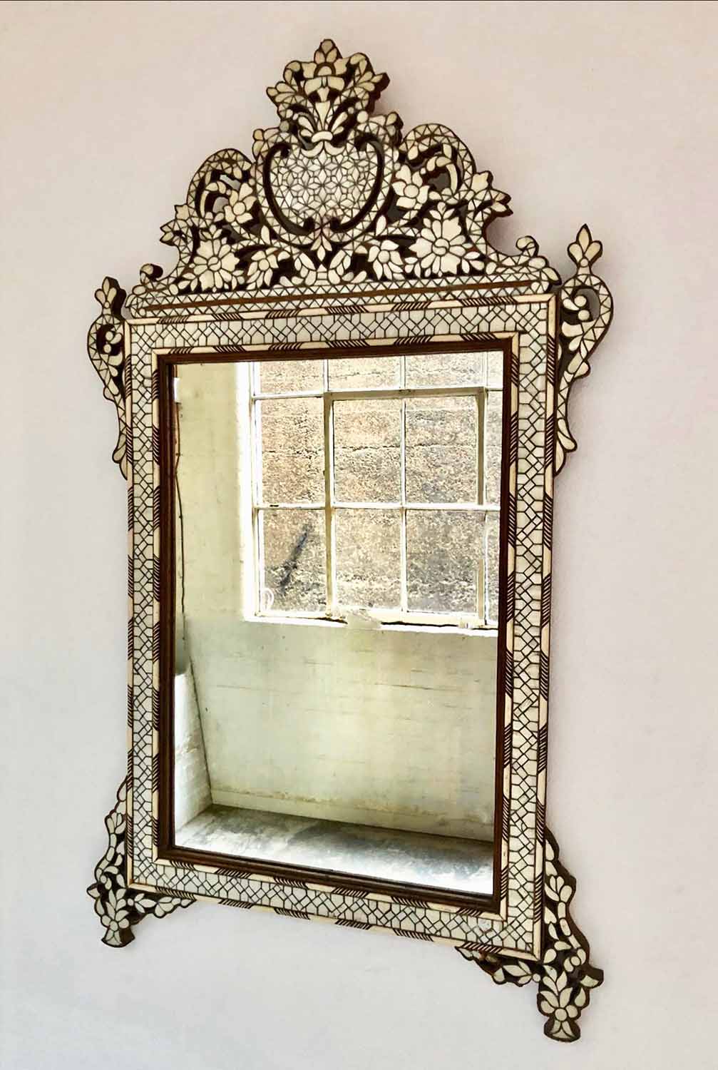 WALL MIRROR, vintage Indian rectangular bevelled within a bone,