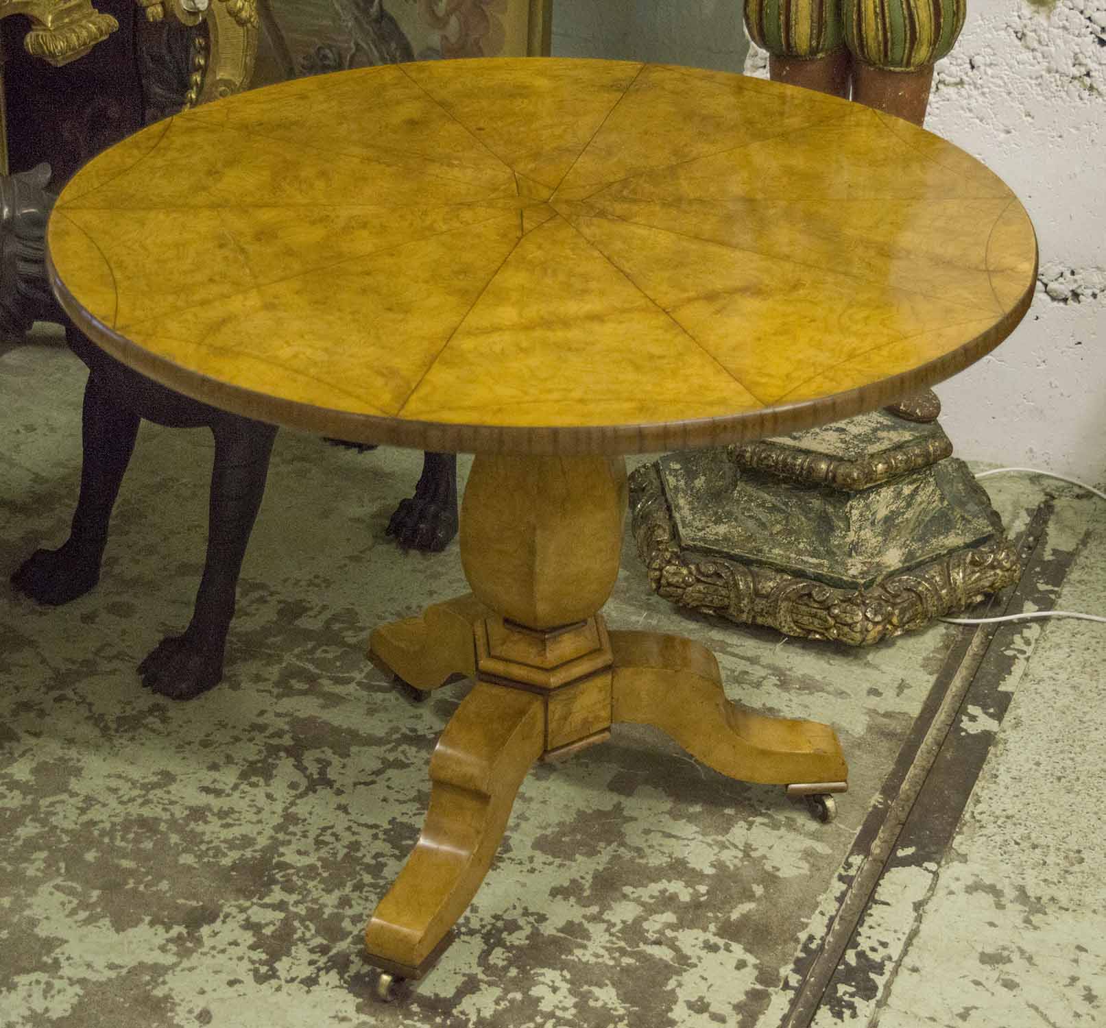 CENTRE TABLE, Biedermeier burr ash with segment veneered circular tilt top (stamped J.J.