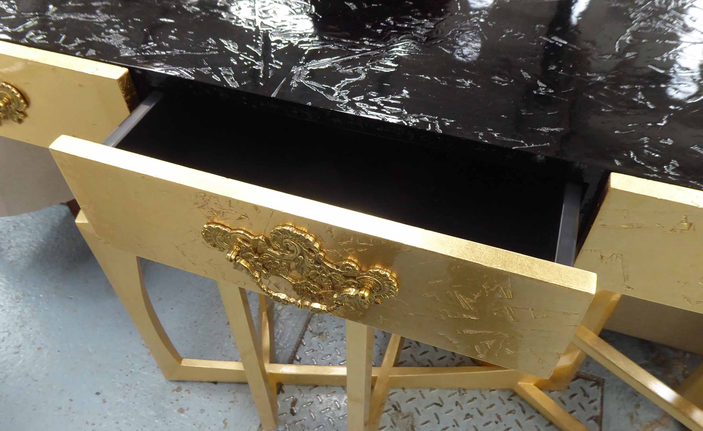 CONSOLE TABLE, contemporary, gold leaf and ebonised finish, 86cm H x 140cm W x 41cm D. - Image 2 of 2