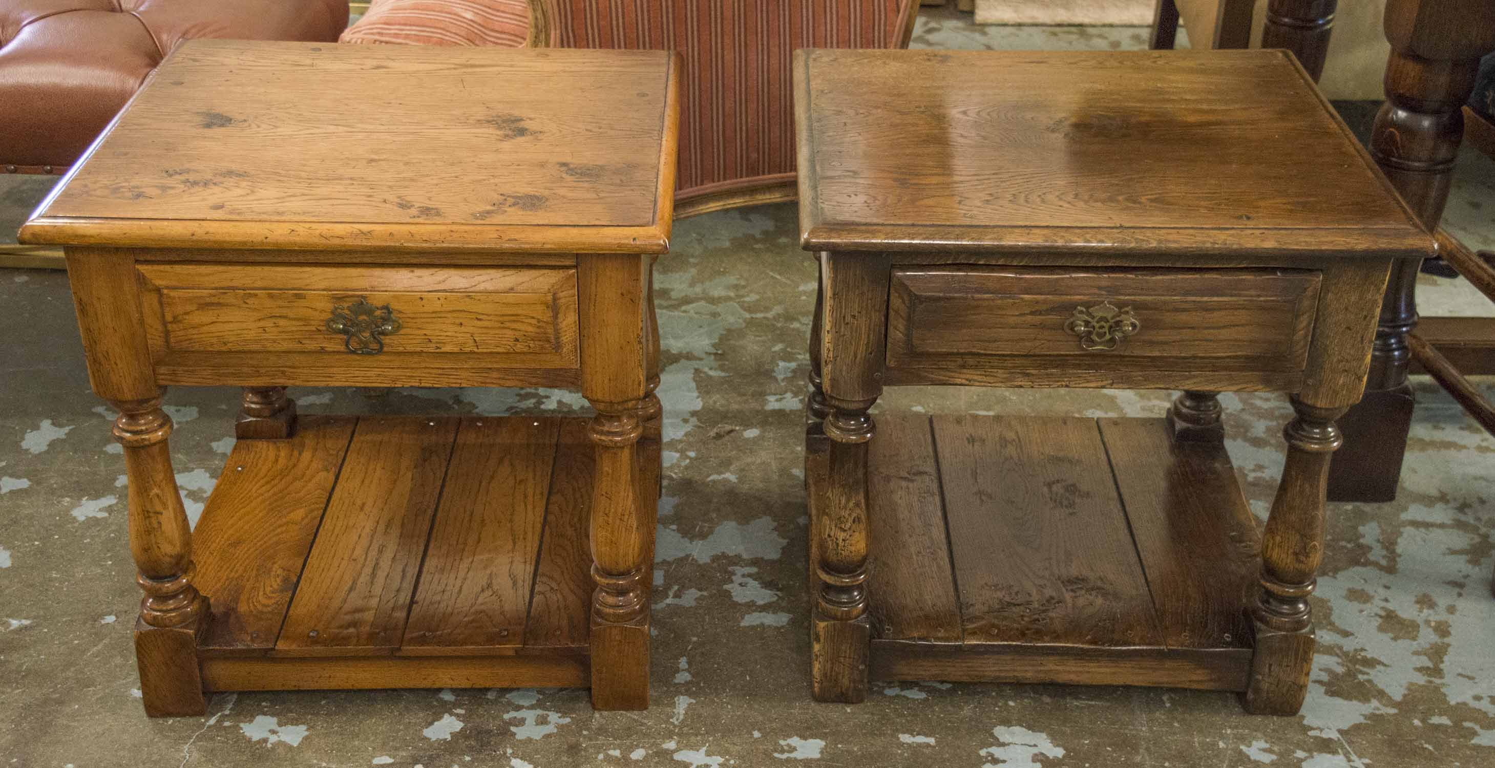 BEDSIDE TABLES, two Georgian style oak, each with single drawer, 54cm H x 53cm W x 48cm D.