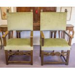 ARMCHAIRS, a pair, late 19th/early 20th century Italian walnut in green upholstery,